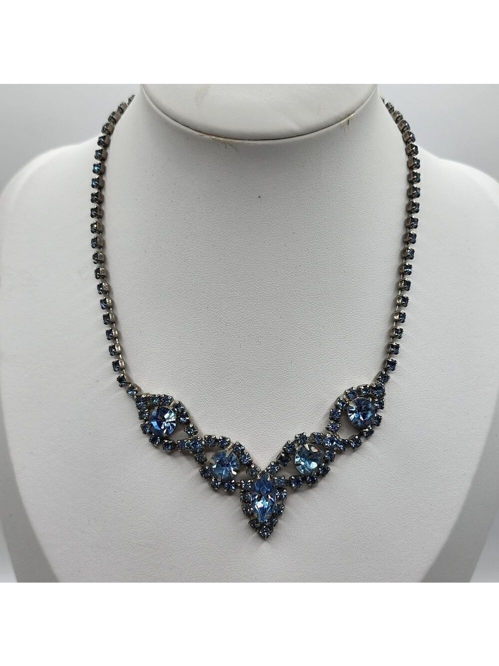 Blue Rhinestone Choker Necklace Vtg